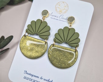 Olive Green Glitter Earrings, Sparkly Art Deco Drops, Elegant Cocktail Jewelry