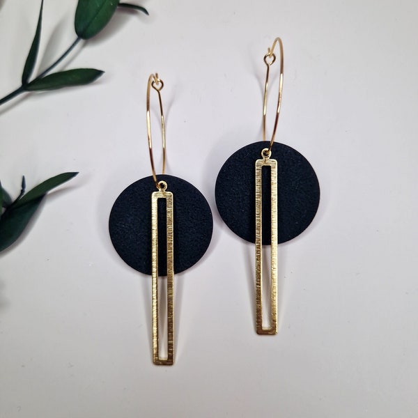 Black Earring Statement Long Dangle Hoop Earrings Black Flat Round Earring Big Black Jewelry Terracotta Round Hoop Black and Gold Earring