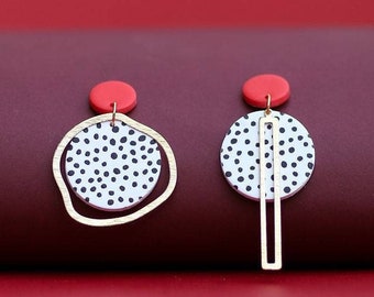 Polka Dot Earring Statement Earring Polymer Clay Earring Uneven Earring Asymmetric Earring Red and White Polka Dot Earring Colorful Earring