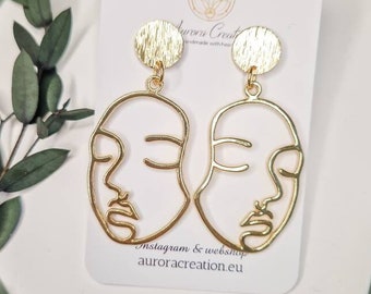 Female Face Earrings Dangle Gold Minimalist Woman Face Earrings Jewelry Gift for Woman Face Silhouette Fashion Modern Elegance Gold Earrings