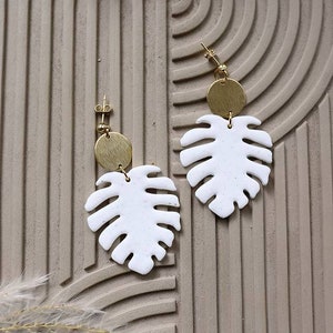 White Monstera Leaf Earrings Polymer Clay Earrings Plant Lover Gifts for Her Earrings Monstera Leaf Plant Earring White Big