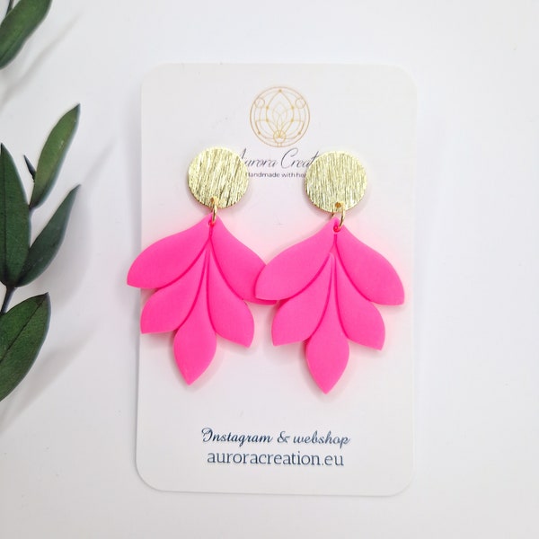 Neon Pink Earrings Statement Earrings Dangle Pink Neon Floral Earrings Polymer Clay Earring Neon Plant Earrings Summer Pink Barbie Earrings