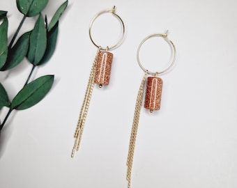 Sunstone Earring Gold Hoop Dangle Earring Sparkly Gemstone Earring Gold Summer Earring Sun Stone Crystal Tassel Earring Long Boho Feminine