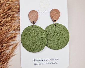 Olive Green Round Earrings Minimalist Statement Big Dusty Green Earring Circle Earring Handmade Women Jewelry Gift for Woman Polymer Clay