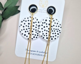 Polka Dot Earring Statement Long Gold Chain Dangle Earring Polymer Clay Earring White and Black Earring Unique Handmade Jewelry