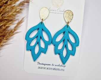 Turquoise bloemen oorbellen Dangle Boho polymeerklei helder licht blauwe bloem oorbel zomer oorbellen Boho turquoise kleur sieraden glitter