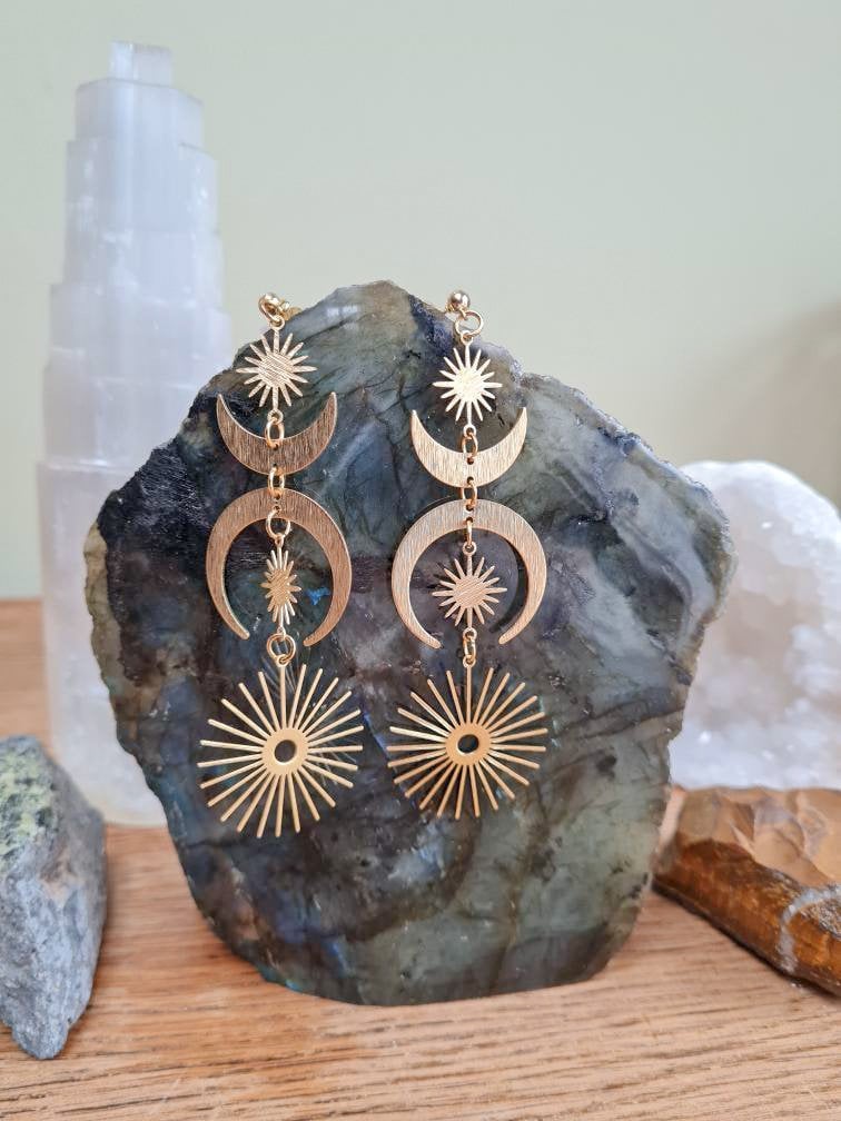 Large Dangle Statement Earring Brass Earrings Large Gold Statement Long Earring Boho Dangle Brass Hippie Earring Moon Long Dangle Earring