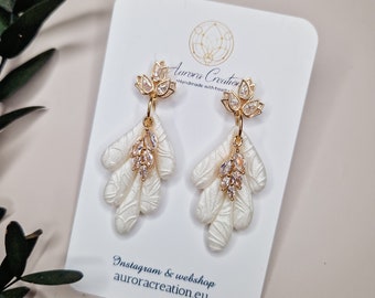 Bridal Earrings Dangle Zirconia Bridal Floral Earrings  Polymer Clay Earrings Flower White Wedding Earrings Wedding Bride Earrings Gold