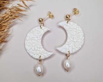 Boho Bridal Earrings Moon Dangle Pearl Bridal Earrings Boho Moon Polymer Clay Earrings White Wedding Earrings Moon Earrings Clay Dangle