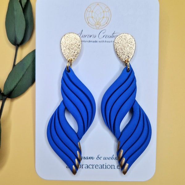 Long Blue Gold Earrings Dangle Cobalt Blue Statement Royal Blue Bridesmaid Gift Idea Women Jewelry Polymer Clay Handmade Christmas Gift