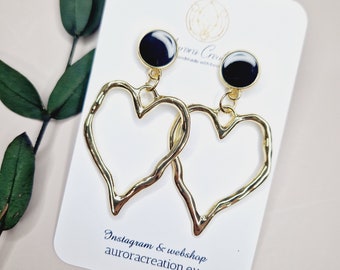 Heart Dangle Earrings Black Gold Statement Jewelry Gifts Minimalist Earrings Love Gift Idea Birthday Gift Ideas Women Jewelry Gift Idea