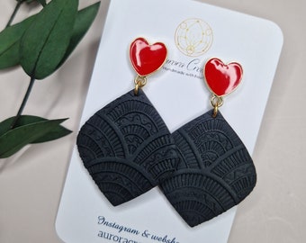 Red Heart Dangle Statement Earrings Black Polymer Clay Earrings Black and Red Valentines Day Jewelry