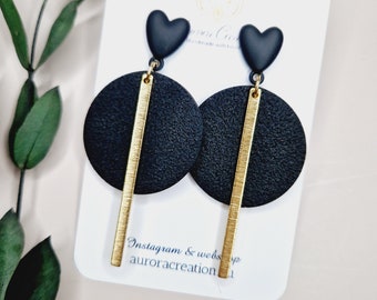 Long Black Heart Dangle Statement Earrings Black Polymer Clay Earrings Black and Valentines Day Jewelry Love Heart Gothic Earring Minimalist