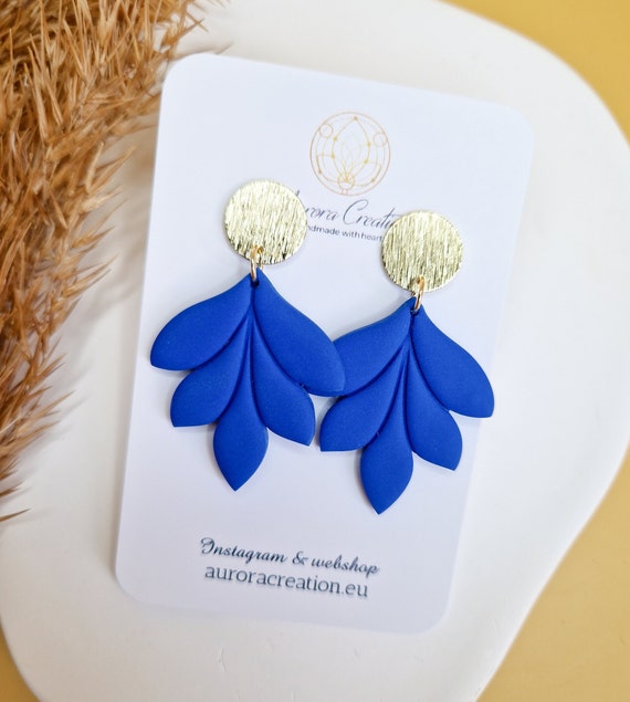 Blue Gold Statement Earrings Royal Blue Cobalt Blue Earring Royal Blue Earrings Polymer Clay Earring Royal Blue Clay Earrings Floral Blue Etsy