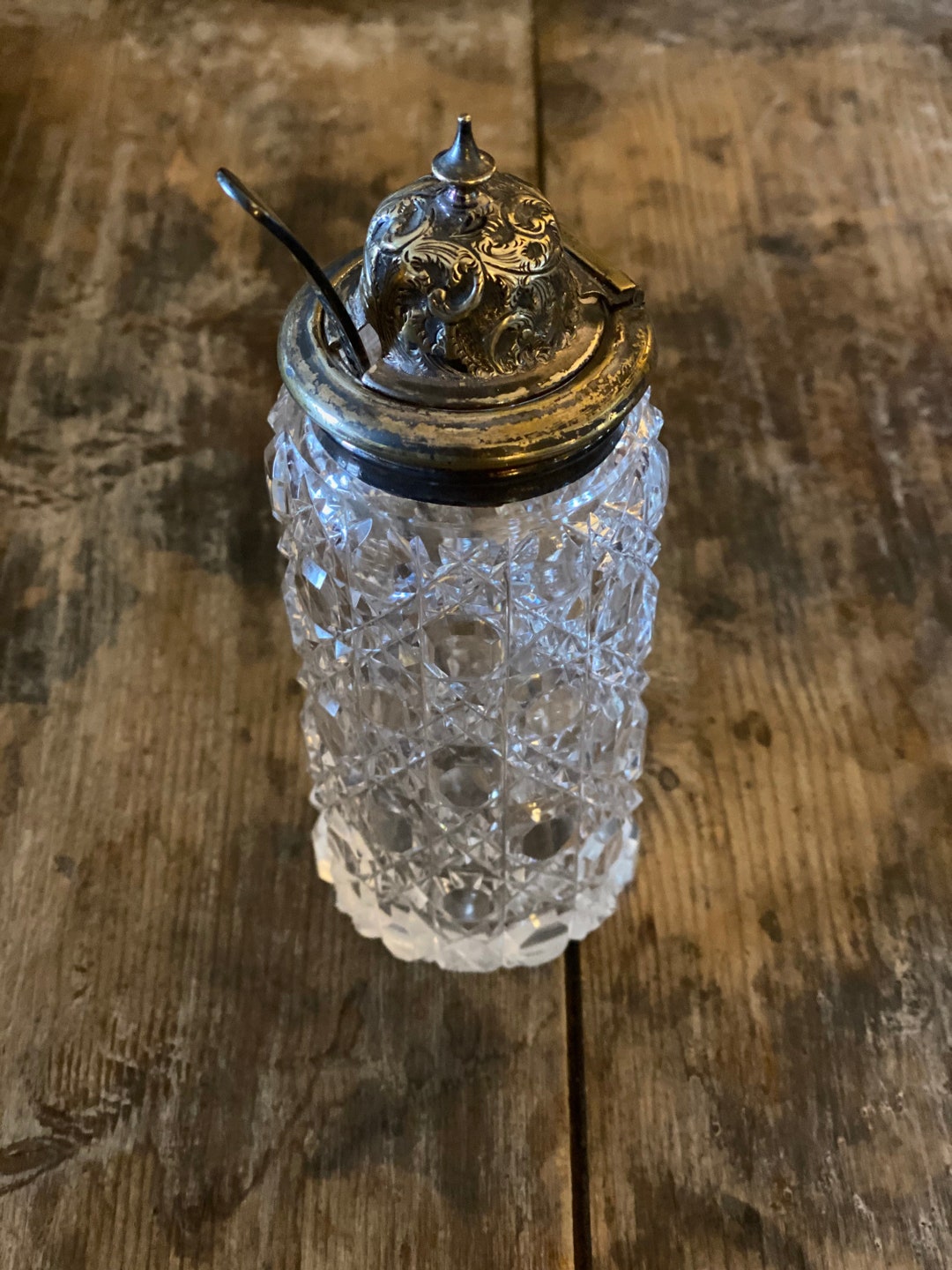 Antique Condiment Jar / Cut Glass Condiment Jar / Antique Mustard Pot