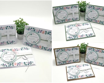 Einladung "Rosa Eukalyptus-Blüten - Rankenrand grün" (Kommunion/ Konfirmation/ Firmung/ Taufe)
