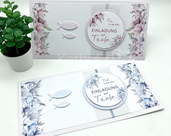 Einladung zur Taufe "Pastell-Blütenrand mit Pastell-Fischen" (hellblau oder rosa)