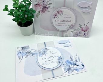 Einladung "Pastell-Blüten über Eck" zur Kommunion oder Konfirmation (hellblau oder rosa)