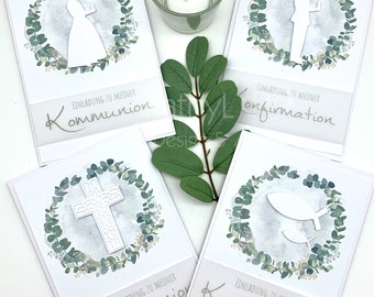 Einladung "Eukalyptus-Kranz Weiß" (Kommunion/ Konfirmation/ Firmung/ Taufe)