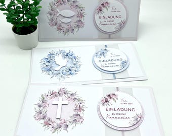 Einladung "Pastell-Blütenkranz mit Motiv" zur Kommunion (hellblau oder rosa)