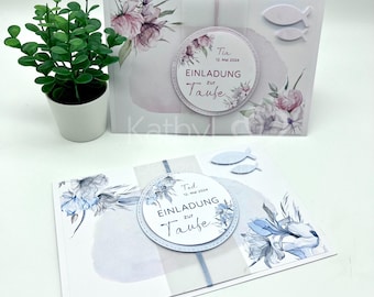 Einladung zur Taufe "Pastell-Blüten über Eck" (hellblau oder rosa)