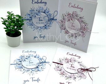 Einladung zur Taufe "Pastell-Blüten im Kreis" (hellblau oder rosa)