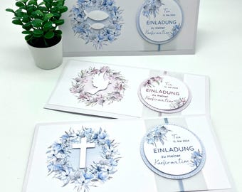 Einladung "Pastell-Blütenkranz mit Motiv" zur Konfirmation (hellblau oder rosa)