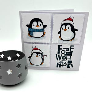 Weihnachtskarte "3 Pinguine im Quadrat"