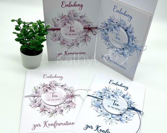 Einladung "Pastell-Blüten im Kreis"  zur Kommunion oder Konfirmation (hellblau oder rosa)