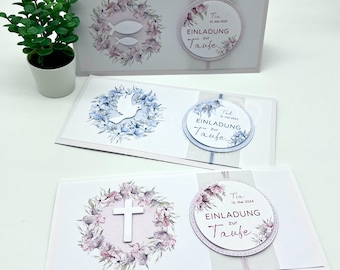 Einladung zur Taufe "Pastell-Blütenkranz mit Motiv" (hellblau oder rosa)