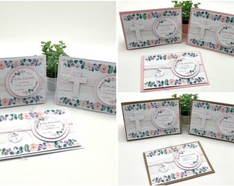 Einladung "Rosa Eukalyptus-Blüten - Rankenrand rosa" (Kommunion/ Konfirmation/ Firmung/ Taufe)