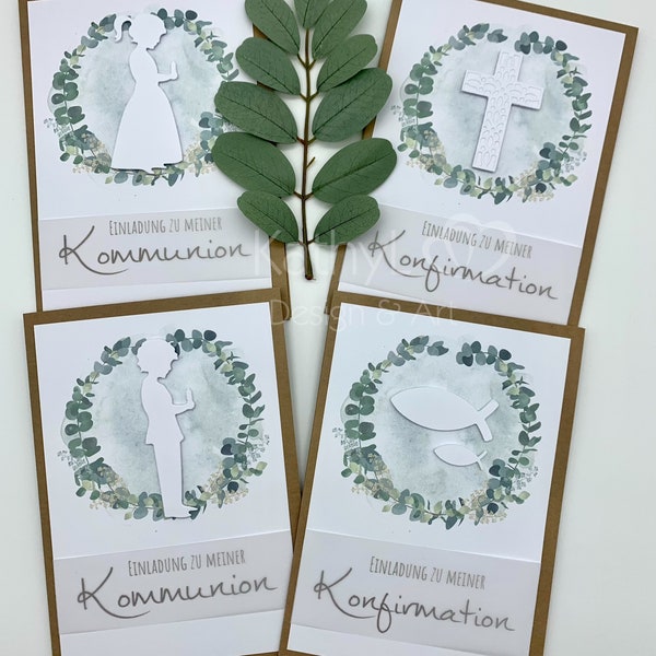 Einladungskarte zur Kommunion oder Konfirmation (Eukalyptus-Zweig in Oliv mit Kraftpapier)