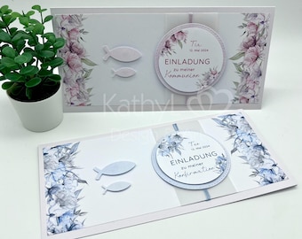 Einladung "Pastell-Blütenrand mit Pastell-Fischen" zur Kommunion oder Konfirmation (hellblau oder rosa)