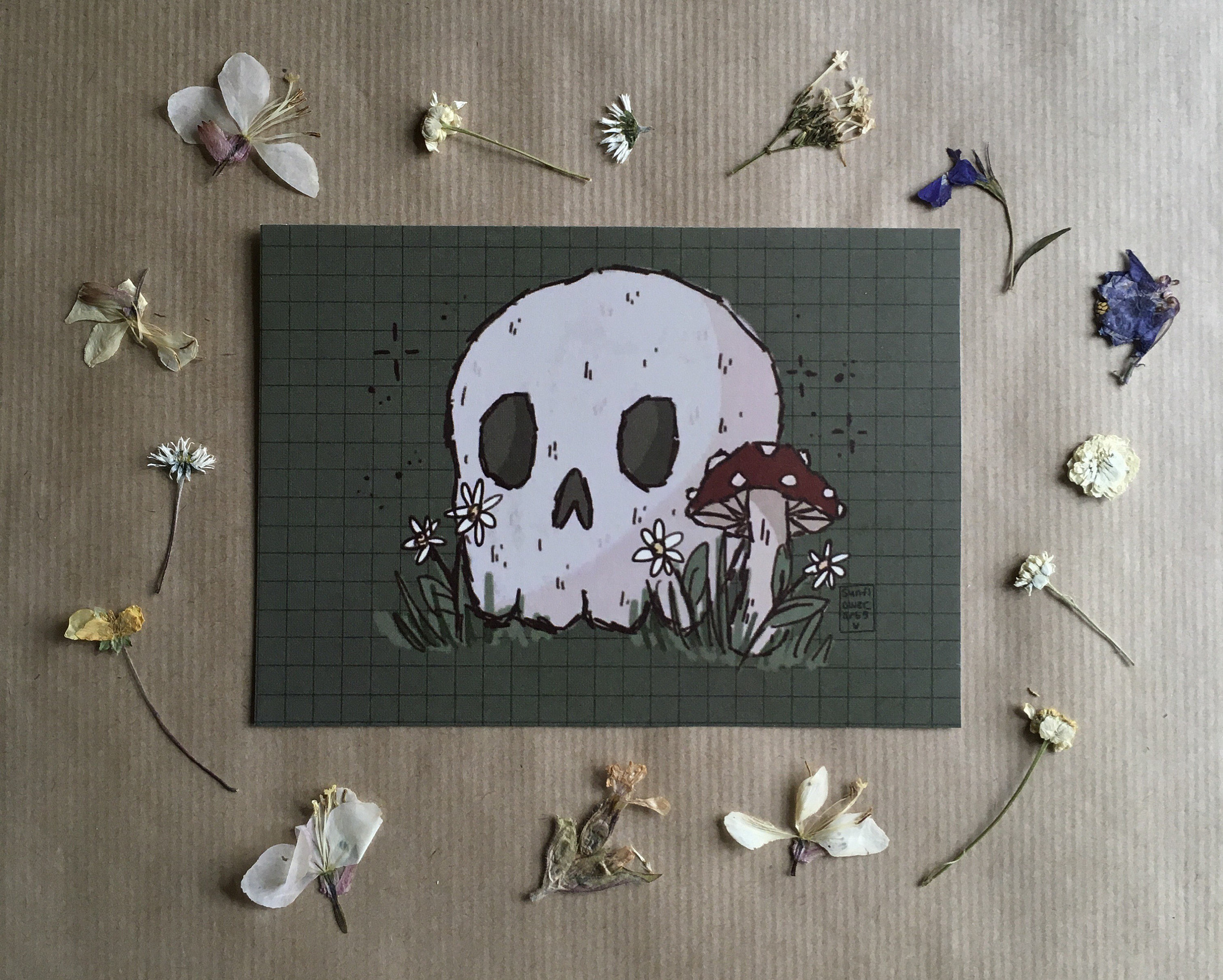 Art print/card of a cool goblincore skull surrounded with Etsy