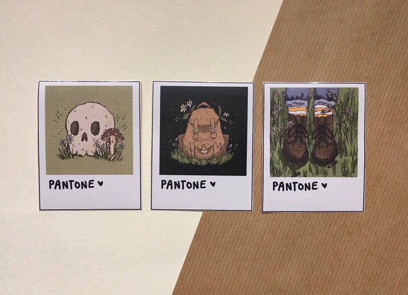 Polaroid Pantone goblincore vinyl stickers. Can be bought separately or in a pack. Cute, original designs, all my own artwork 
