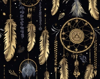 Jersey "Dreamcatcher" fabric with dream catcher black gold 50 cm each