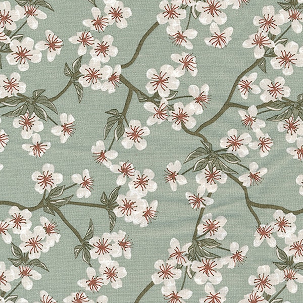 Toile cirée AU Maison « Amalie Verte » Toile cirée, fleurs de pommier vert clair