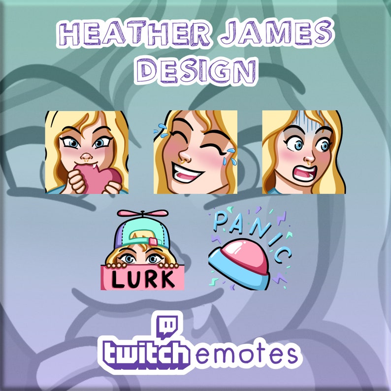May include: A set of Twitch emotes featuring a blonde woman with different expressions, including a heart, a laughing face, a surprised face, and a hat with the word "Lurk". The emotes are designed in a cartoon style and have a pink, blue, and white color scheme. The text "twitch emotes" is also included in the image.