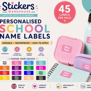 45 Personalised Rectangular Vinyl Stick On Name Stickers School Kids Waterproof