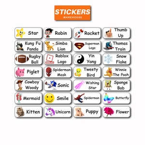 May include: A set of 24 colourful stickers featuring various cartoon characters and images. The stickers are arranged in a grid of 6 rows and 4 columns. Each sticker has a white border and a white background with black text. The text on the stickers includes names like "Star", "Robin", "Rocket", "Thumb Up", "Kung Fu Panda", "Simba Lion", "Superman Logo", "Thomas Train", "Rugby Ball", "Roblox Logo", "Yin Yang", "Snow Flake", "Piglet", "Spiderman Mask", "Tweety Bird", "Winnie The Pooh", "Cowboy Woody", "Sonic", "Wishing Star", "Sponge Bob", "Mermaid", "Smile", "Spiderman", "Butterfly", "Kitten", "Unicorn", "Puppy", and "Flower".