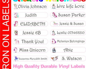 25 Custom Name IRON ON Personalised Name Unicorn Labels Stickers Tags School Kids Uniform Clothes