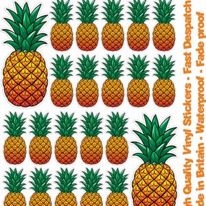 May include: A sheet of pineapple stickers. Each sticker features a yellow and orange pineapple with a green crown. Text on the sheet reads "High Quality Vinyl Stickers - Fast Despatch" and "Made in Britain - Waterproof - Fade proof."