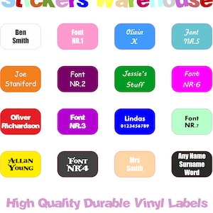 May include: A sheet of colourful, rectangular stickers with different fonts and names. The stickers are 16mm by 25mm and come in a pack of 25.