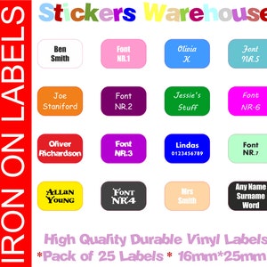 May include: A pack of 25 iron-on labels in various colours and fonts. The labels are 16mm by 25mm and feature different names, text, and numbers. The labels are designed for use on clothing, bags, and other items.