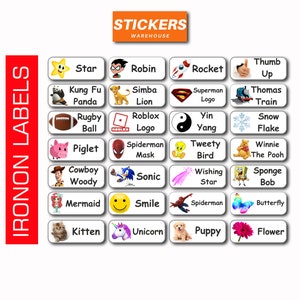 May include: A set of 20 iron-on labels featuring various cartoon characters and designs. The labels are white with black outlines and include characters like Spiderman, Tweety Bird, Winnie the Pooh, and more.