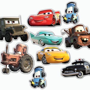 May include: A selection of cartoon car stickers featuring characters from the film Cars. The stickers include a red race car, a blue tow truck, a green vintage car, and other vehicles in various colours.