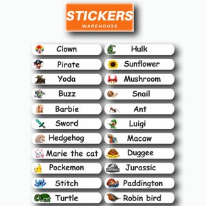 May include: A set of colourful stickers featuring various characters and icons, including a clown, pirate, Yoda, Buzz Lightyear, Barbie, sword, hedgehog, Marie the cat, Pokemon, Stitch, turtle, and more. The stickers are arranged in two columns on a white background with the text "STICKERS WAREHOUSE" at the top.