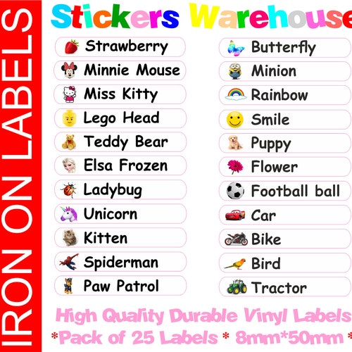 25 Custom Name IRON ON Personalised Name with Image Labels Stickers Tags School Kids Uniform Clothes