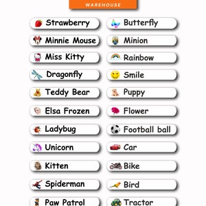 May include: A set of 16 colourful stickers featuring various characters and objects, including a strawberry, butterfly, Minnie Mouse, minion, Miss Kitty, rainbow, dragonfly, smile, teddy bear, puppy, Elsa Frozen, flower, ladybug, football, unicorn, car, kitten, bike, Spiderman, Paw Patrol, bird, and tractor. The stickers are white with black outlines and are arranged in four rows of four stickers each.
