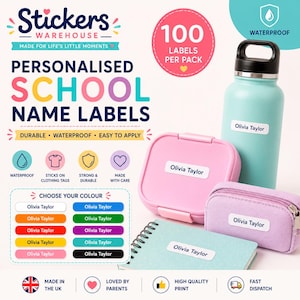 100 Personalised Vinyl Stick On Name Labels Stickers Tags School Kids Waterproof